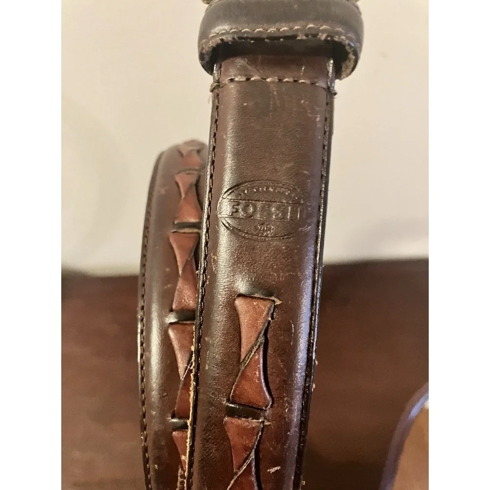 Fossil Belt Brown Leather Raised Woven Detail Mens 42‎ 1